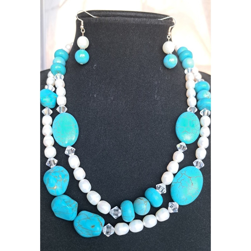 Fashion Jewelry Set Necklace Earrings Gemstone Beaded Turquoise Howlite 2 Strand